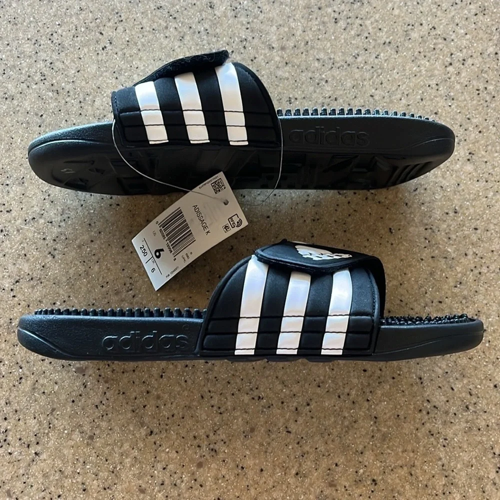 Brand New Adidas 3-Stripe Black & White Adjustable Strap Sport Slides Sandals